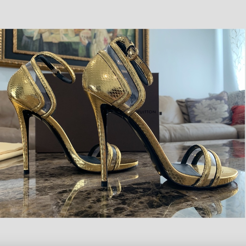 Louis Vuitton gold python and lucite heels
